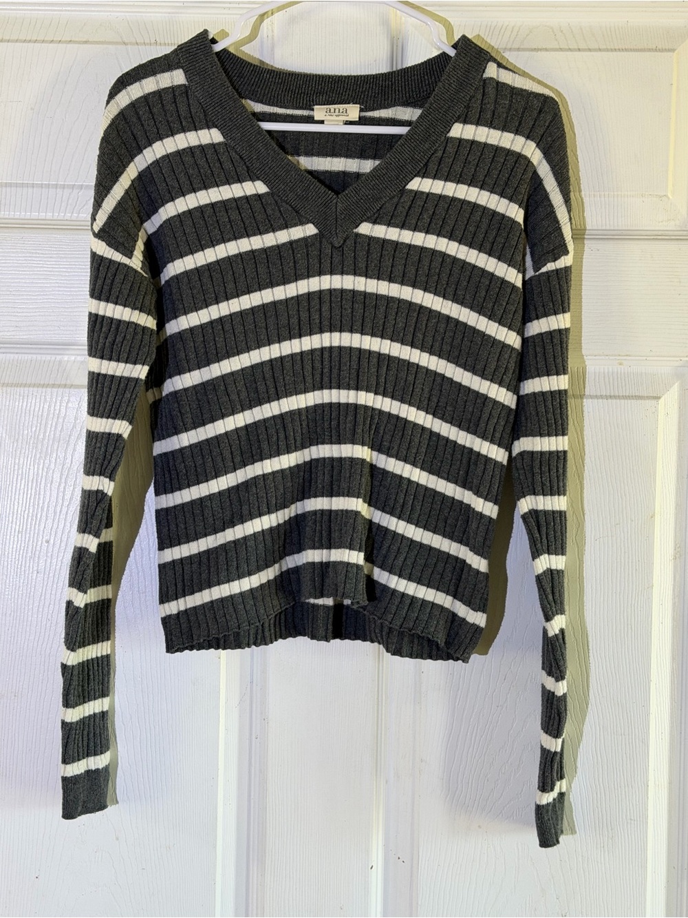 a.n.a Grey & Off white Striped V-Neck Sweater